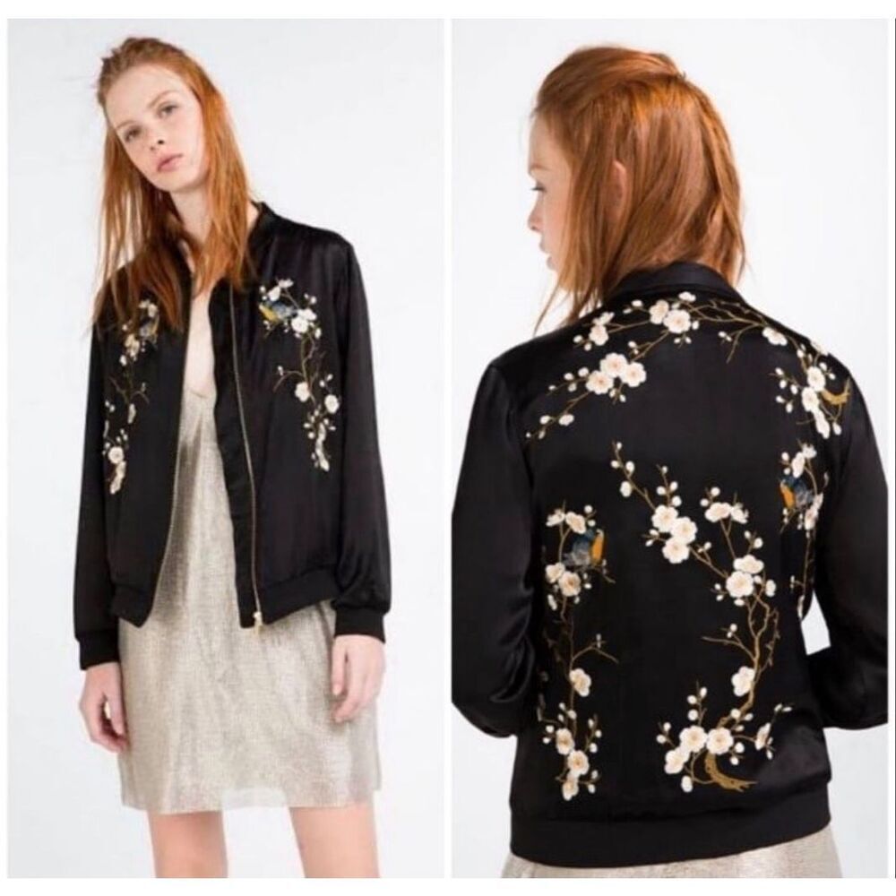Zara Woman Embroidered Cherry Blossom Bomber Jacket Small